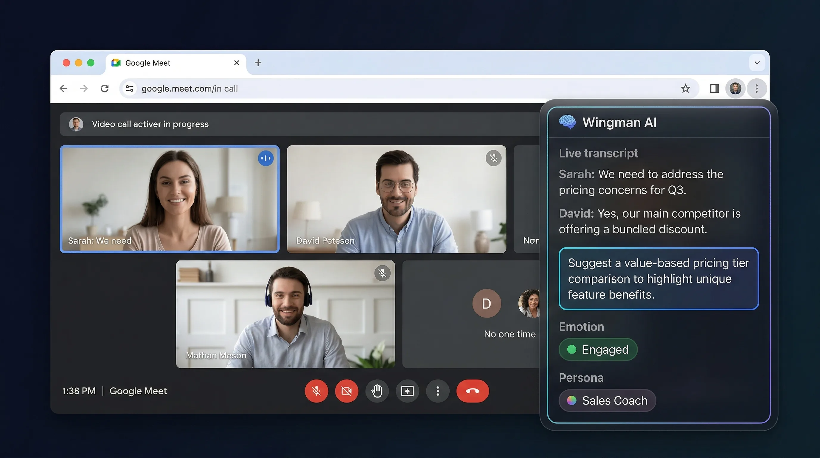 Wingman AI overlay inside a Google Meet call showing live transcription, AI suggestions, and emotion detection