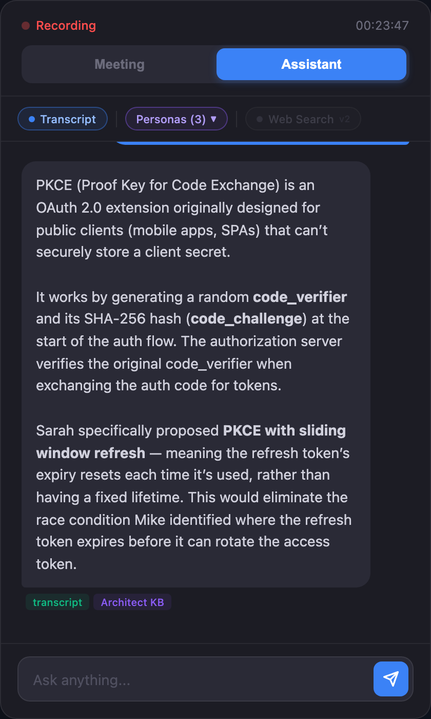 In-meeting AI Assistant answering a question grounded in the live transcript and a persona Knowledge Base — source tags "transcript" and "Architect KB" visible at the bottom of the answer