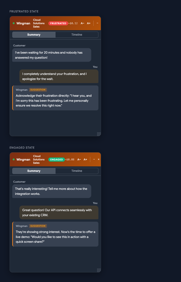Real overlay UI showing emotion detection — frustrated and engaged states