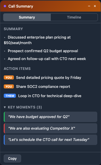 Post-call summary with action items and key moments
